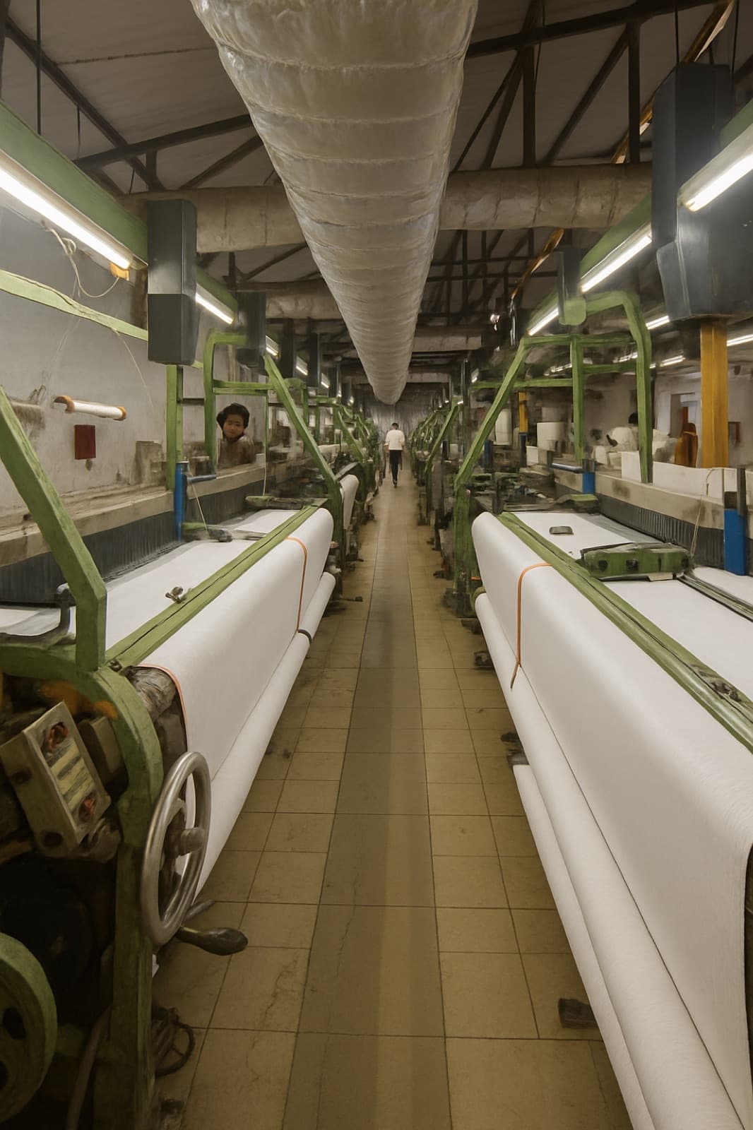 Aisle running between long rows of looms weaving white fabric