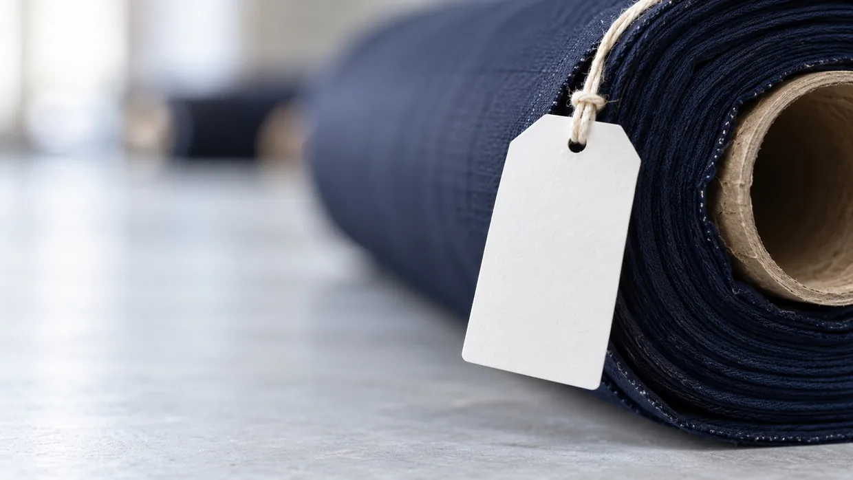 A blank white fabric tag tied with cotton thread to the end of a navy suiting roll
