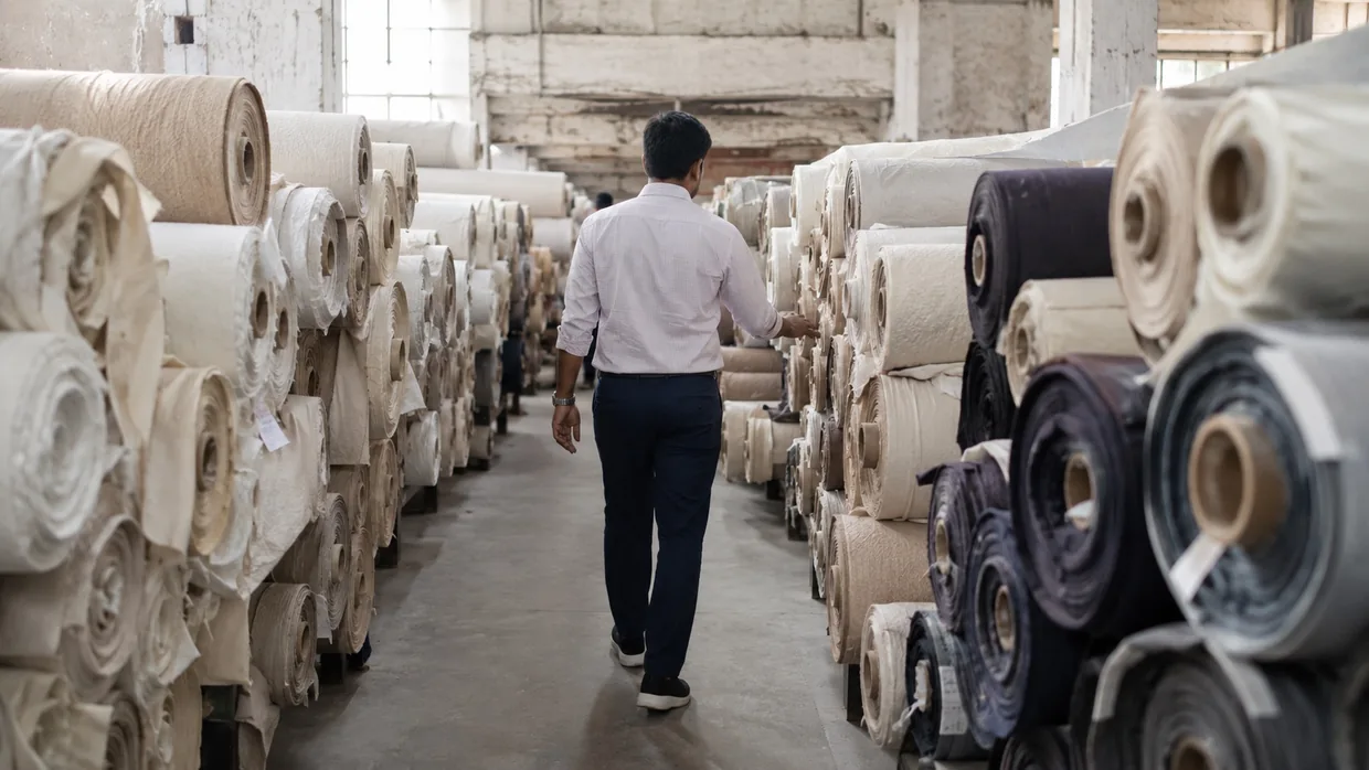 A buyer walking the aisle between tall stacks of fabric rolls in a mill store