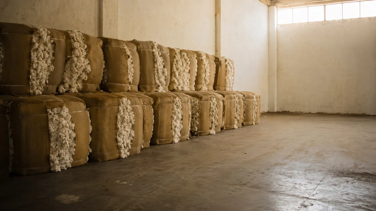 Cotton bales stacked against one wall of a mill godown with the rest of the floor empty