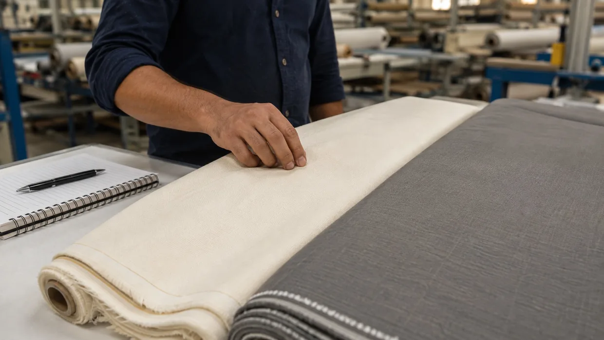 A hand comparing a cream cotton fabric roll against a grey polyester roll on a table