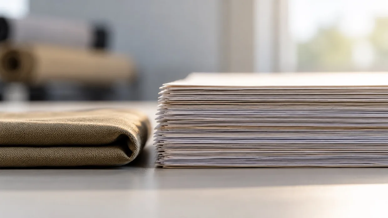 A stack of documents seen edge-on beside a folded square of khaki uniform cloth