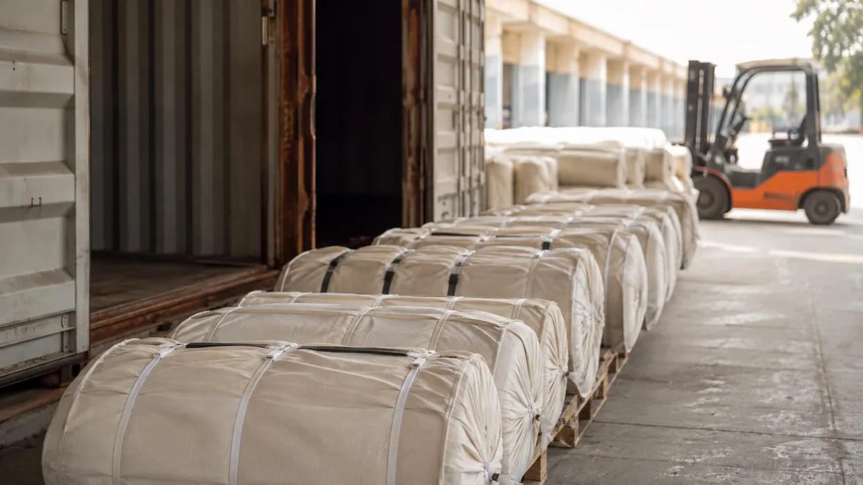 Wrapped export fabric bales at a loading dock beside a forklift