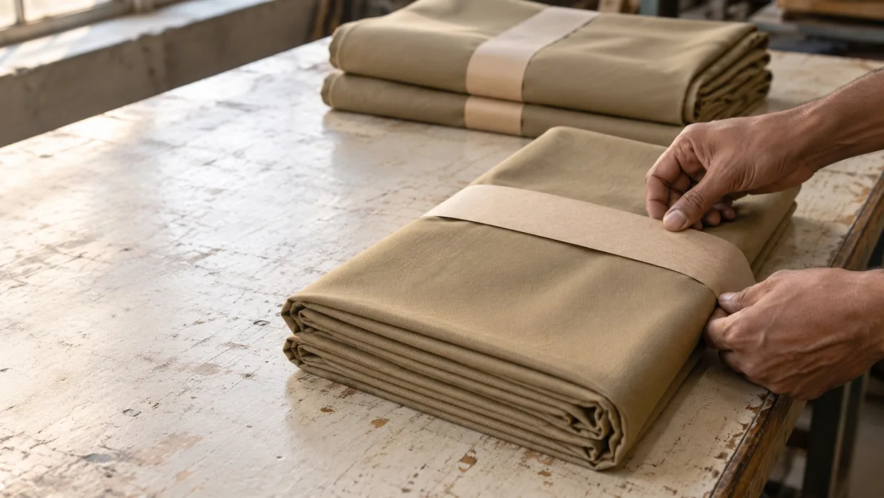 Hands banding a folded length of khaki uniform twill with kraft paper at a mill packing table