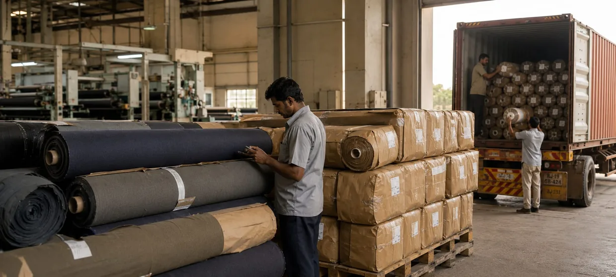 Fabric rolls being palletized and loaded into a shipping container