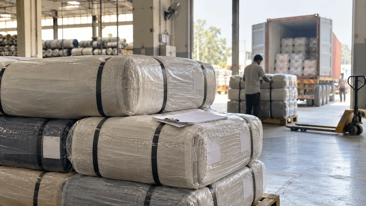 Strapped and wrapped fabric bales on a mill dispatch pallet with a clipboard of shipping paperwork resting on top, an open container being loaded behind