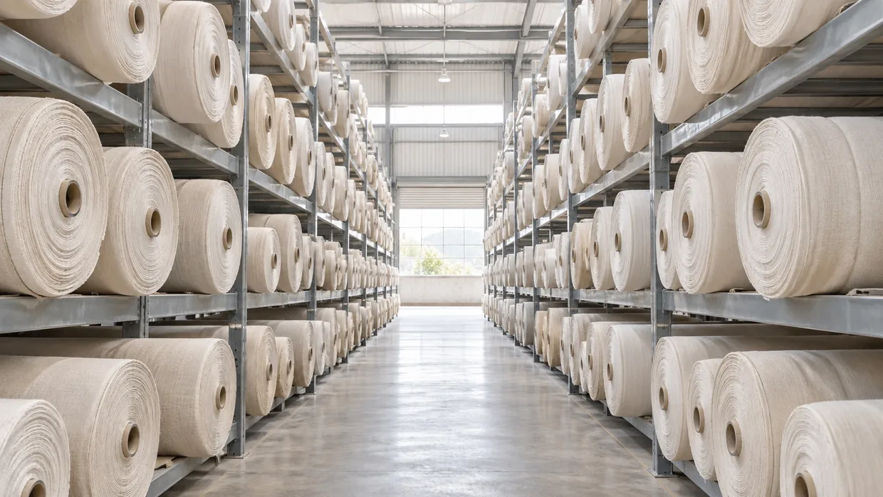 A bright aisle of undyed greige fabric rolls racked in a mill store with their cut ends facing the camera
