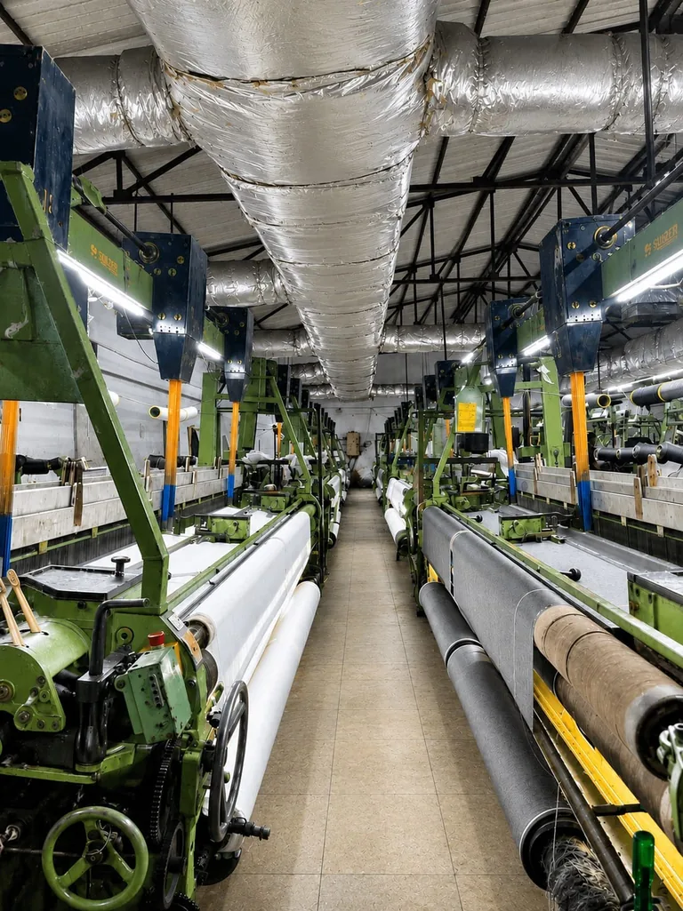 Aisle between rows of Sulzer looms in the weaving hall at Atoon, woven fabric on the beams and insulated humidification ducting overhead