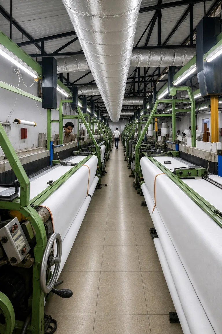 Worker walking the aisle between looms at the Benny Cotts mill