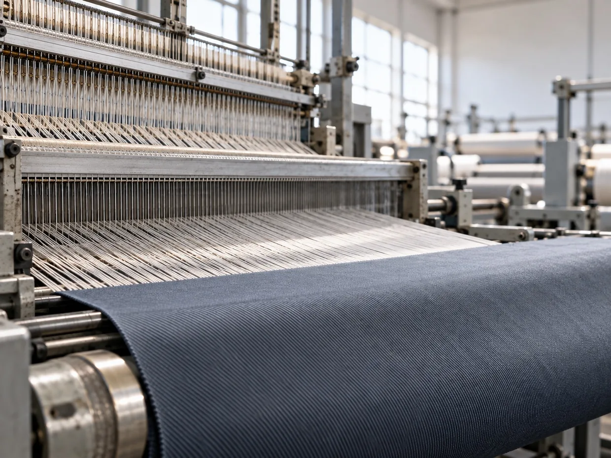 Warp yarns converging into freshly woven charcoal twill suiting at the take-up of a loom