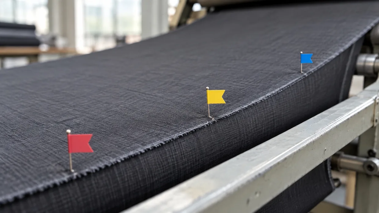 Three small coloured marker flags pinned along the edge of charcoal suiting on an inspection frame