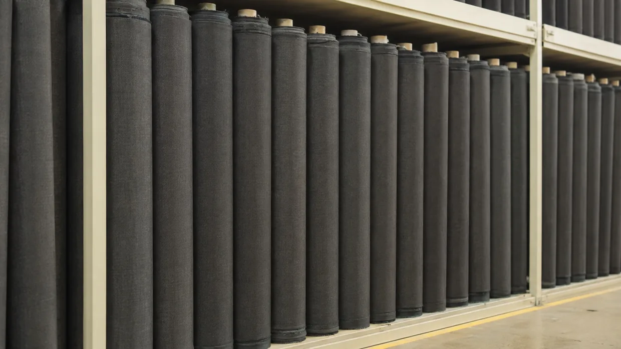 A row of identical charcoal suiting rolls standing on mill store shelving