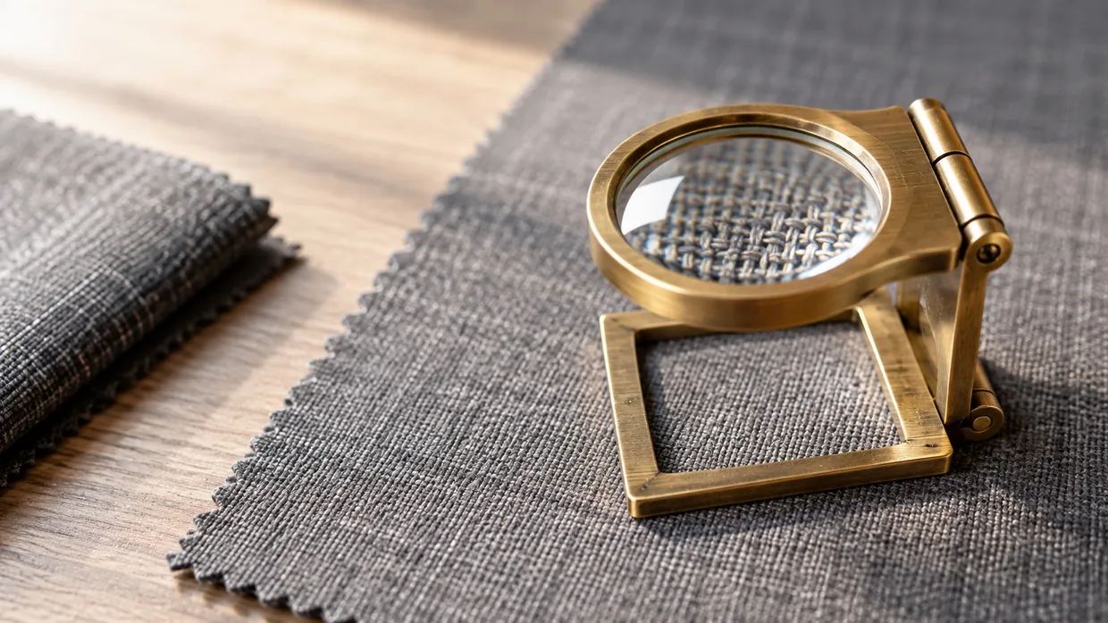 A brass pick glass standing on grey suiting with the weave magnified through its lens