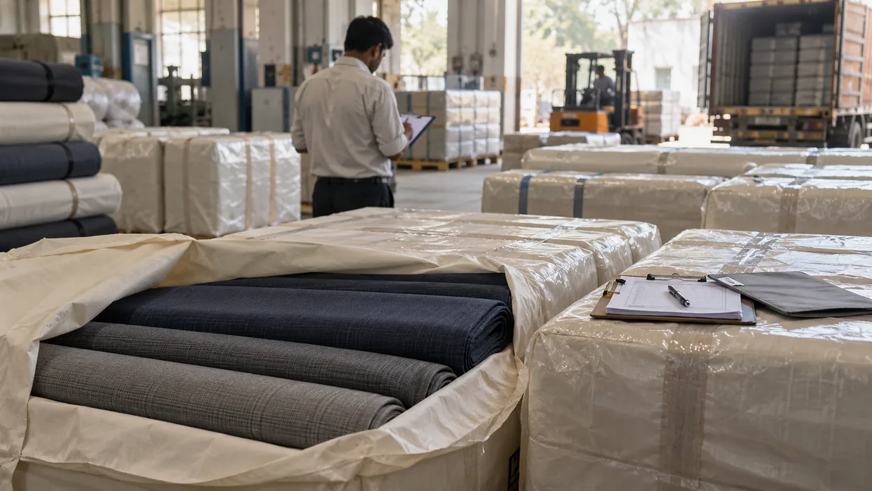 Wrapped fabric parcels staged in a mill despatch bay, one opened for pre-dispatch sampling, with a clipboard resting on the parcel beside it