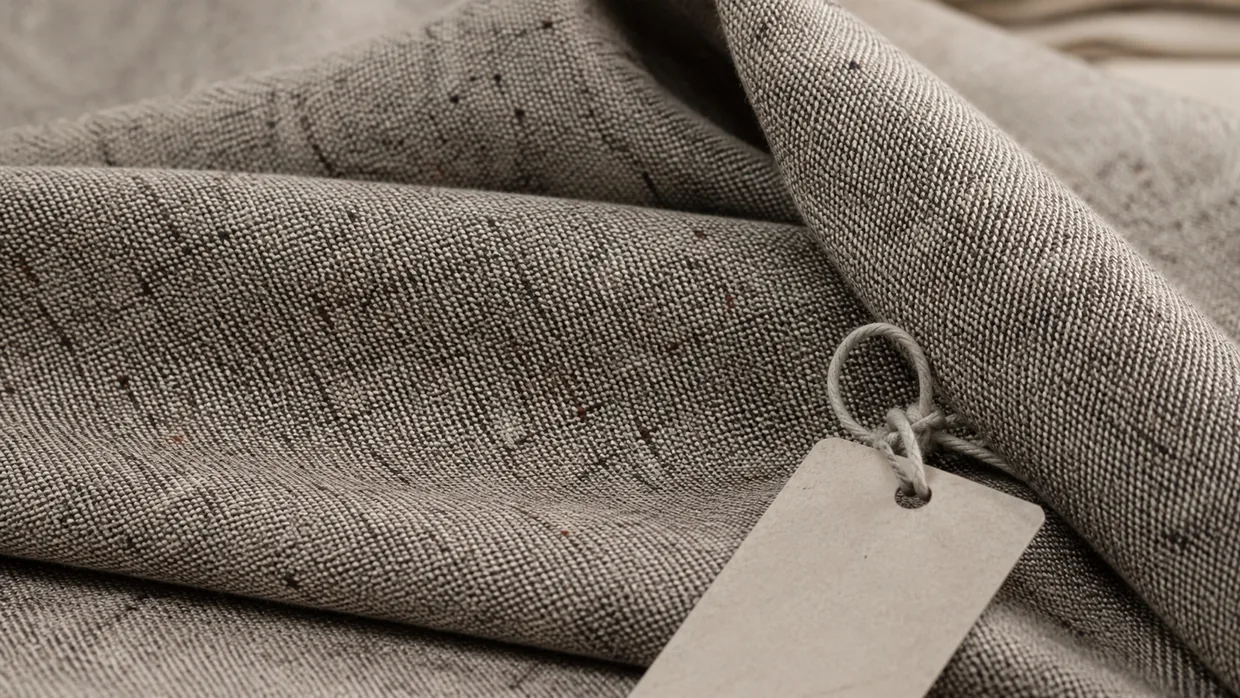 Close-up of grey recycled-look suiting weave with a hangtag