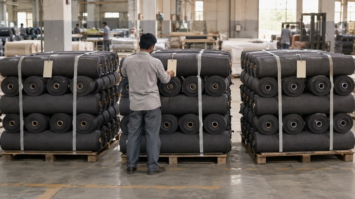Identical charcoal suiting rolls banded into three tagged groups on a mill despatch floor
