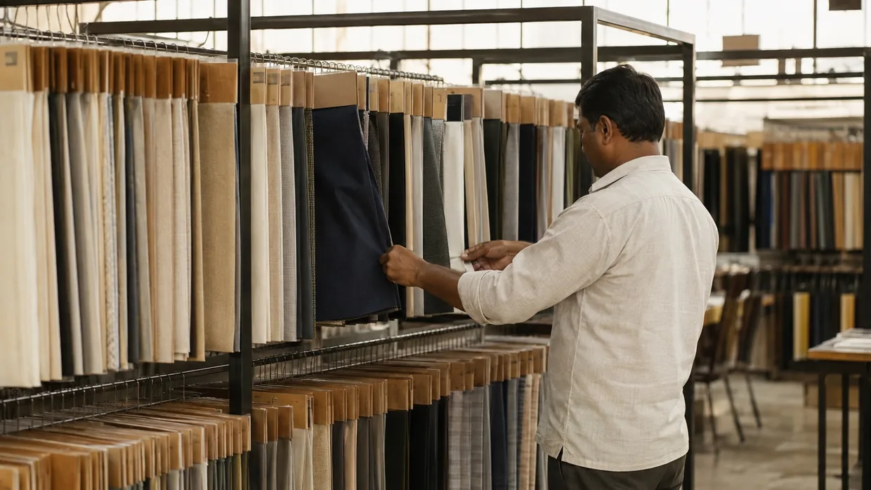 Rows of hanging fabric header cards on rails in a mill sample room