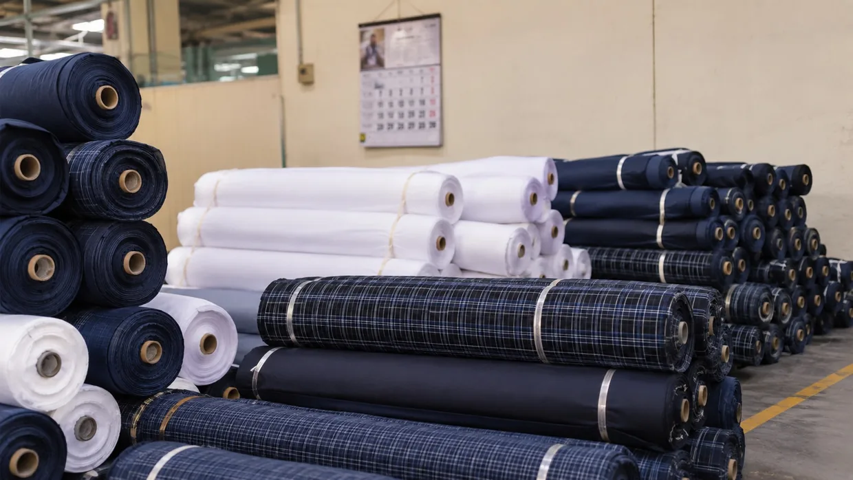 Stacks of school-colour fabric rolls staged for dispatch with a wall calendar behind