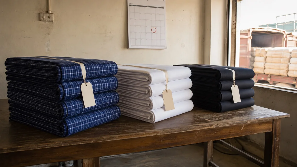 Folded school uniform fabric bolts in navy check, white and dark blazer suiting, tagged and laid out on a dispatch table beside a wall calendar