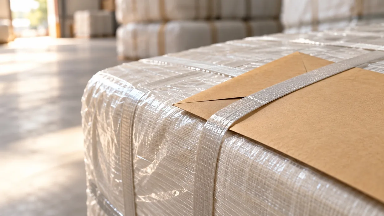 A plain sealed buff envelope held flat beneath the strapping of a wrapped fabric bale