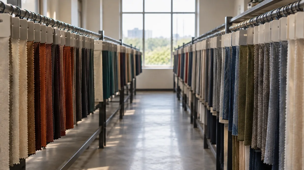 Rails of fabric header cards in many shades receding down a mill sample room