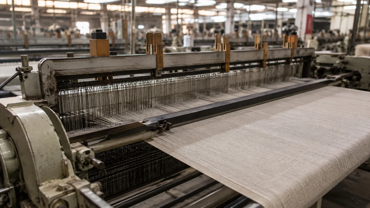 A loom weaving greige cloth on the mill floor