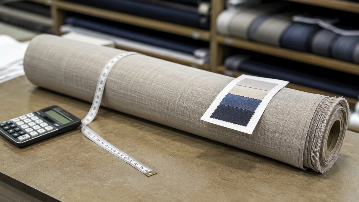 A short fabric roll on a counter with a measuring tape, calculator and shade card for a small order