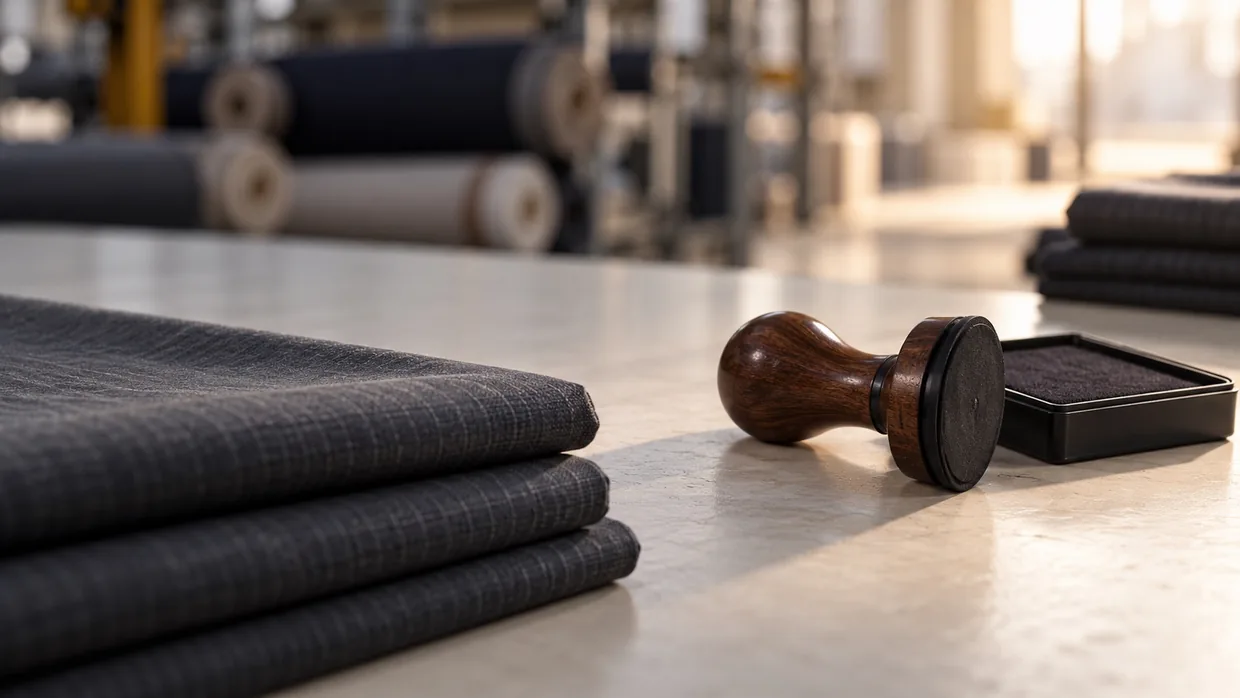 A wooden-handled rubber stamp and closed ink pad on a mill despatch counter beside folded charcoal suiting