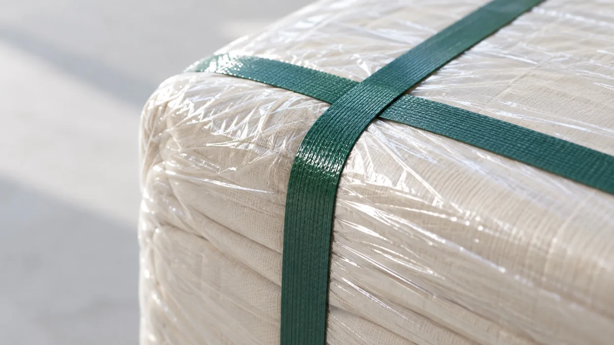 Green strapping bands crossing the corner of a wrapped cream fabric bale under clear film