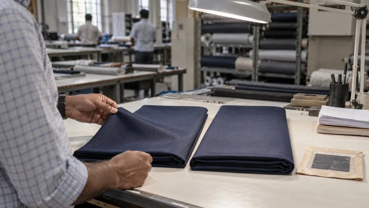 Two near-identical navy suiting lengths laid side by side on a mill sample room table, a hand lifting one corner to compare them, with a sealed reference swatch envelope beside them