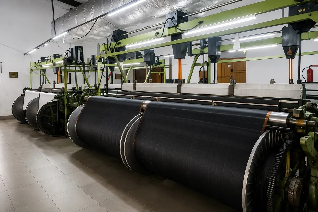 Large rolls of dark suiting fabric wound onto beams in the mill