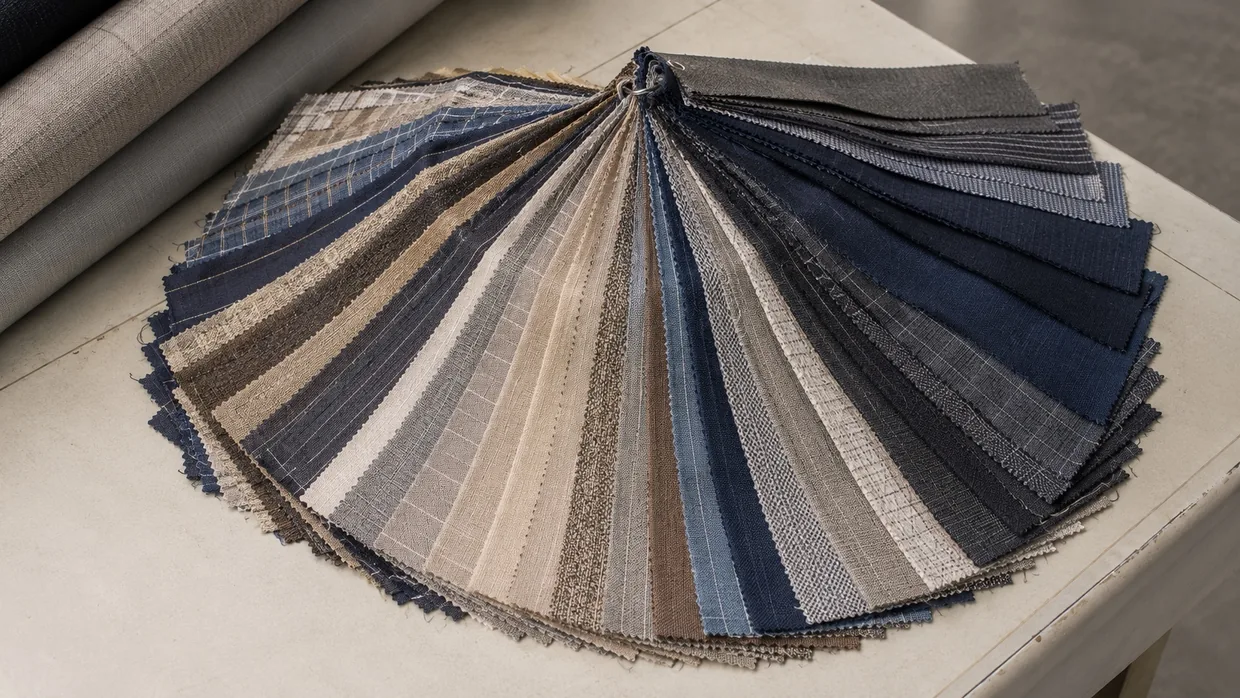 A fanned spread of suiting fabric swatches in blues, greys and browns on a table
