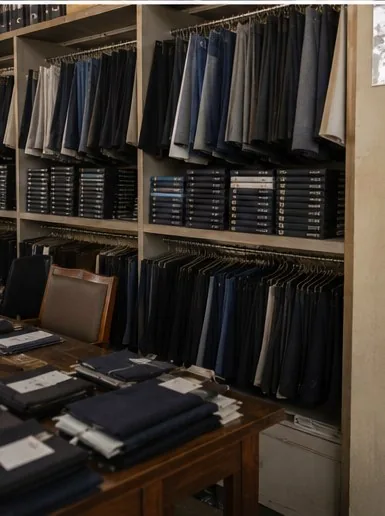 Shelves of hanging fabric swatches and swatch books in a mill sample room