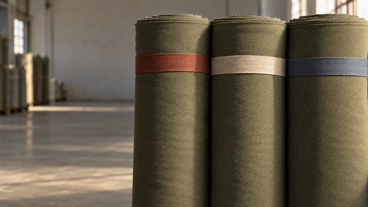 Three upright rolls of the same olive uniform cloth, each tied with a different coloured band