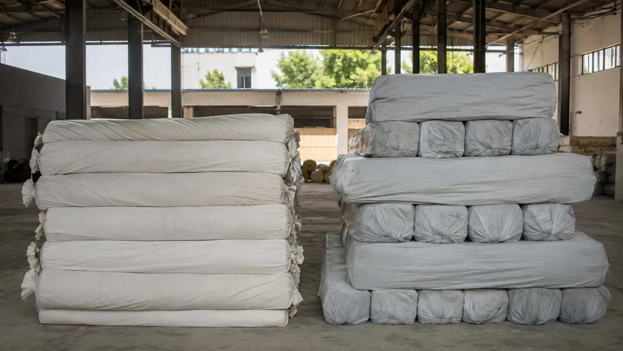 Two stacks of wrapped fabric bales of different sizes side by side in a warehouse