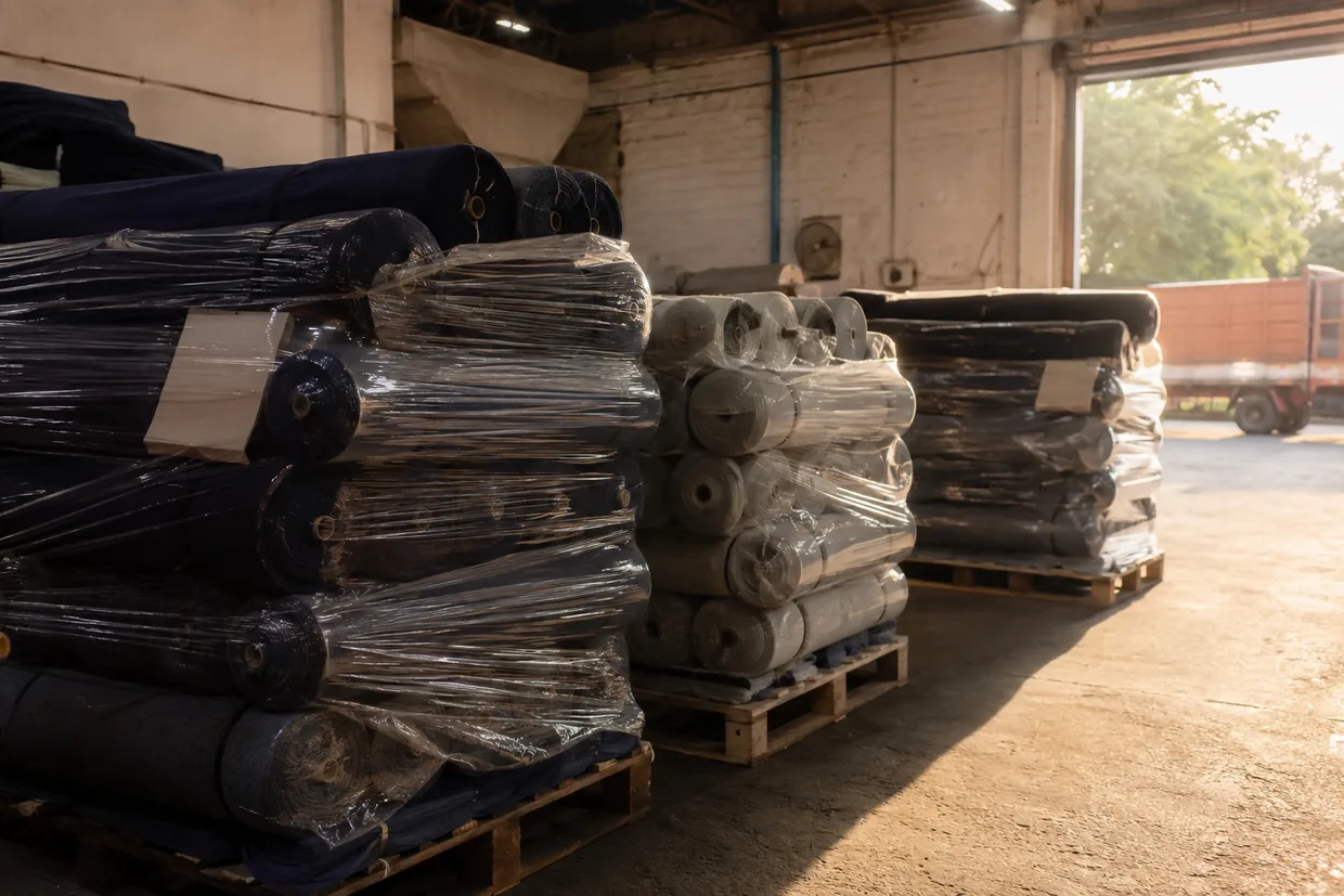 Suiting fabric rolls stacked and pallet-wrapped in a mill warehouse, ready for export to Gulf and Middle East uniform programs