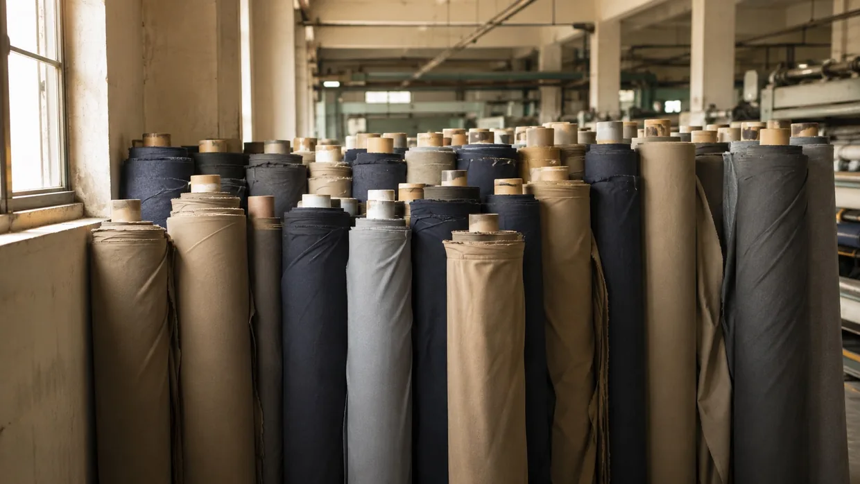 Assorted uniform fabric rolls in khaki, navy and grey standing upright in a mill store by a window