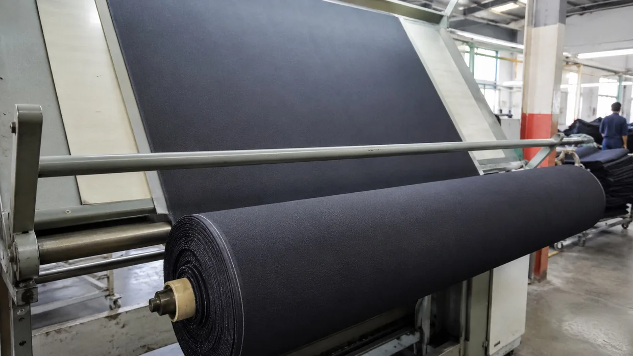 A roll of heavy dark workwear twill running over an inspection frame on the mill floor