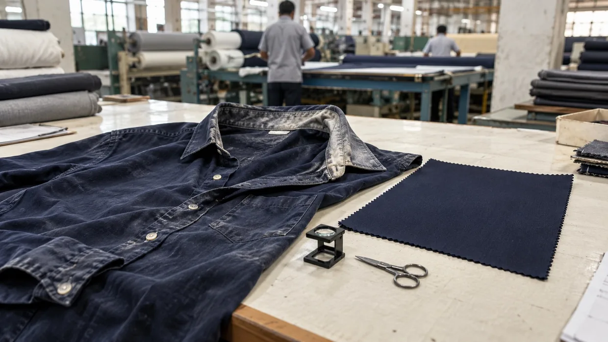 A worn navy uniform shirt laid on a mill sample table with its collar turned back, beside a pick glass, scissors and a fresh navy suiting swatch