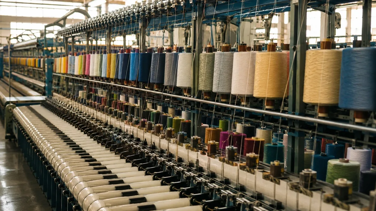 Rows of coloured yarn cones on a creel feeding a spinning frame