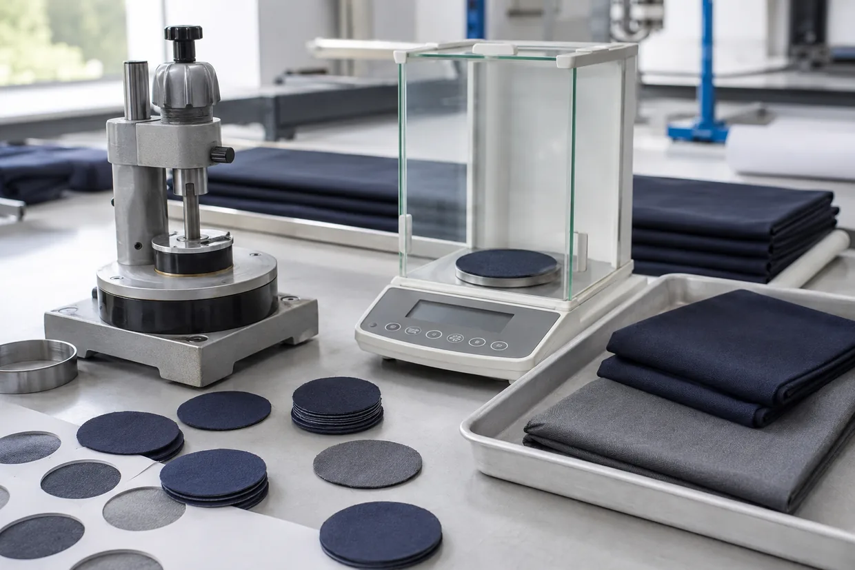 GSM cutter, precision balance and fabric discs on a textile testing bench