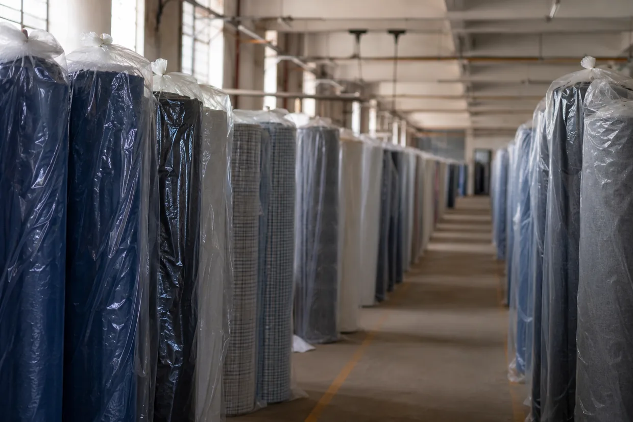 An aisle of plastic-wrapped fabric rolls standing in a mill warehouse