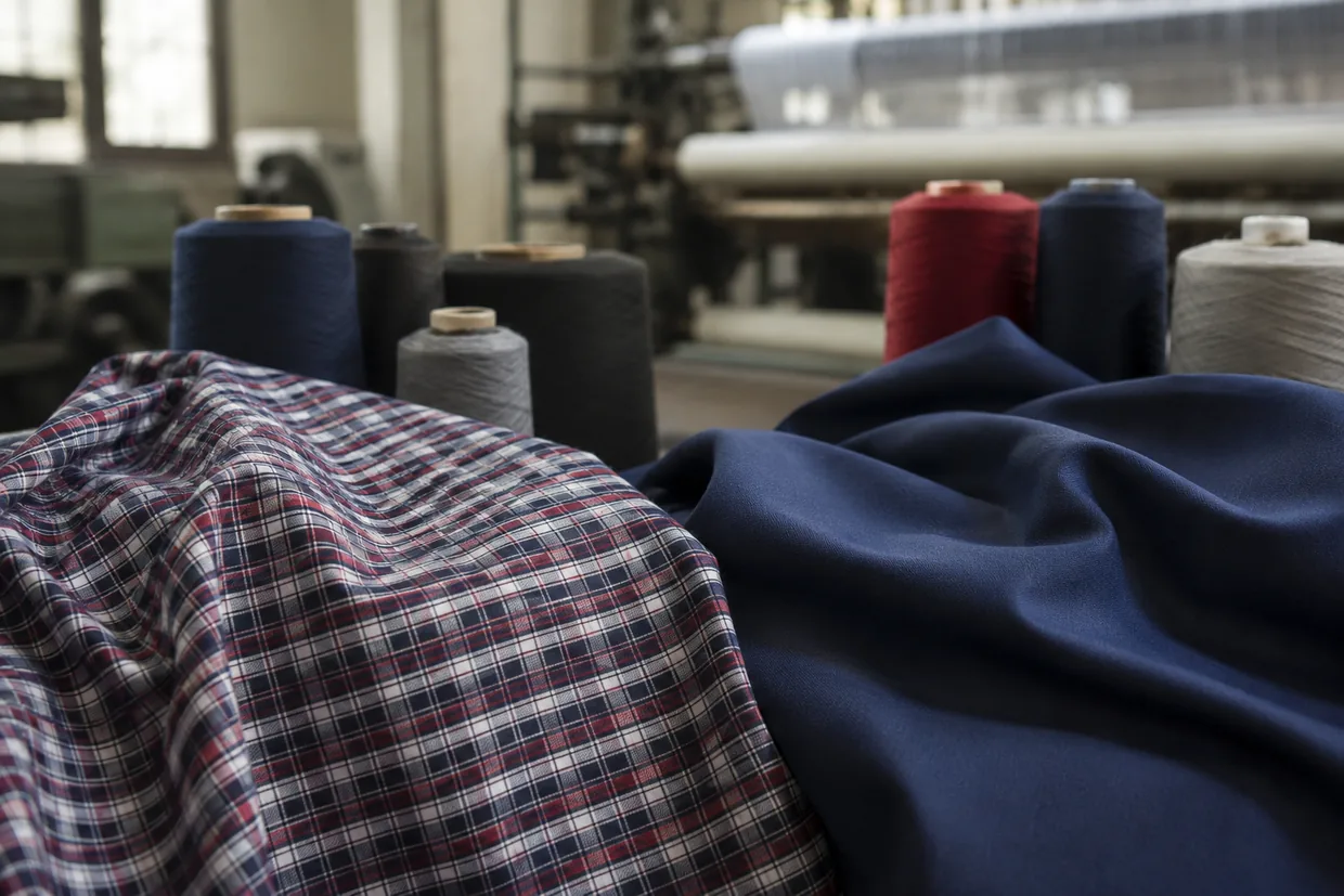 A yarn-dyed check fabric beside a solid navy fabric with dyed yarn cones behind