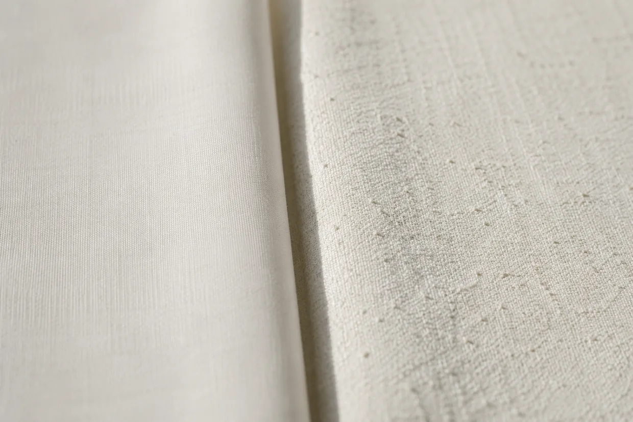 Two lengths of white cotton in raking light showing a difference in surface fibres