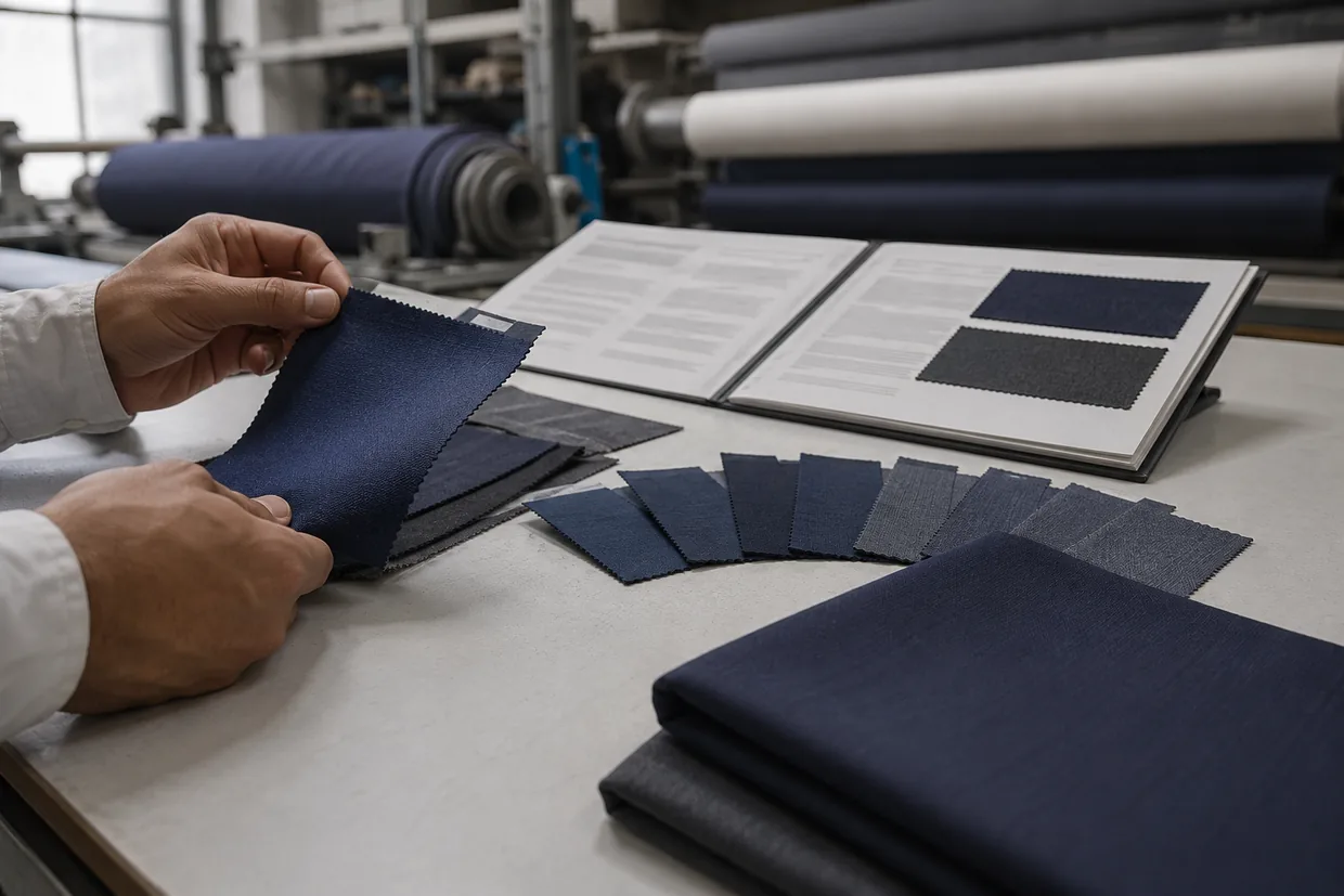 Hands checking a fabric swatch against an open shade card book