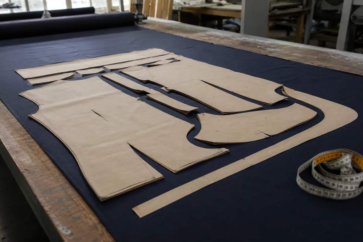 Paper pattern pieces nested on folded fabric on a cutting table