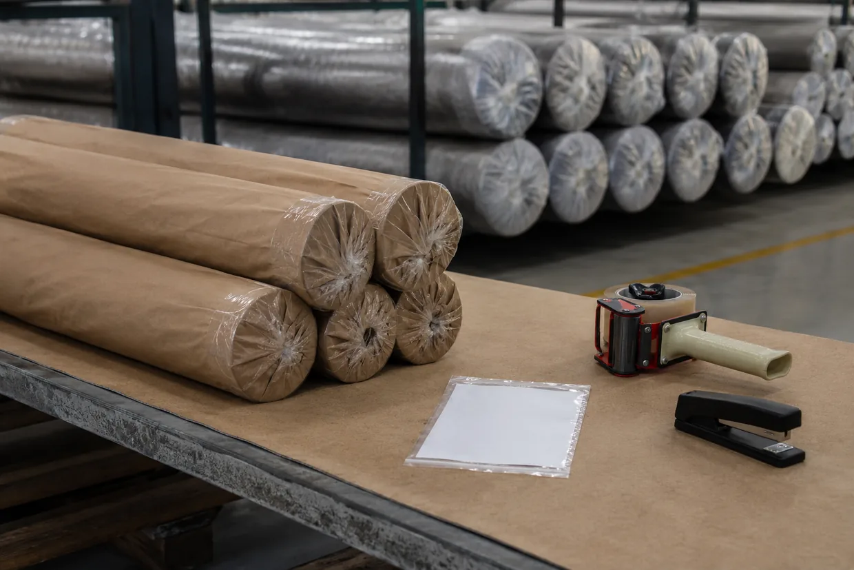 Paper-wrapped fabric roll bundles ready for dispatch with stacked rolls behind
