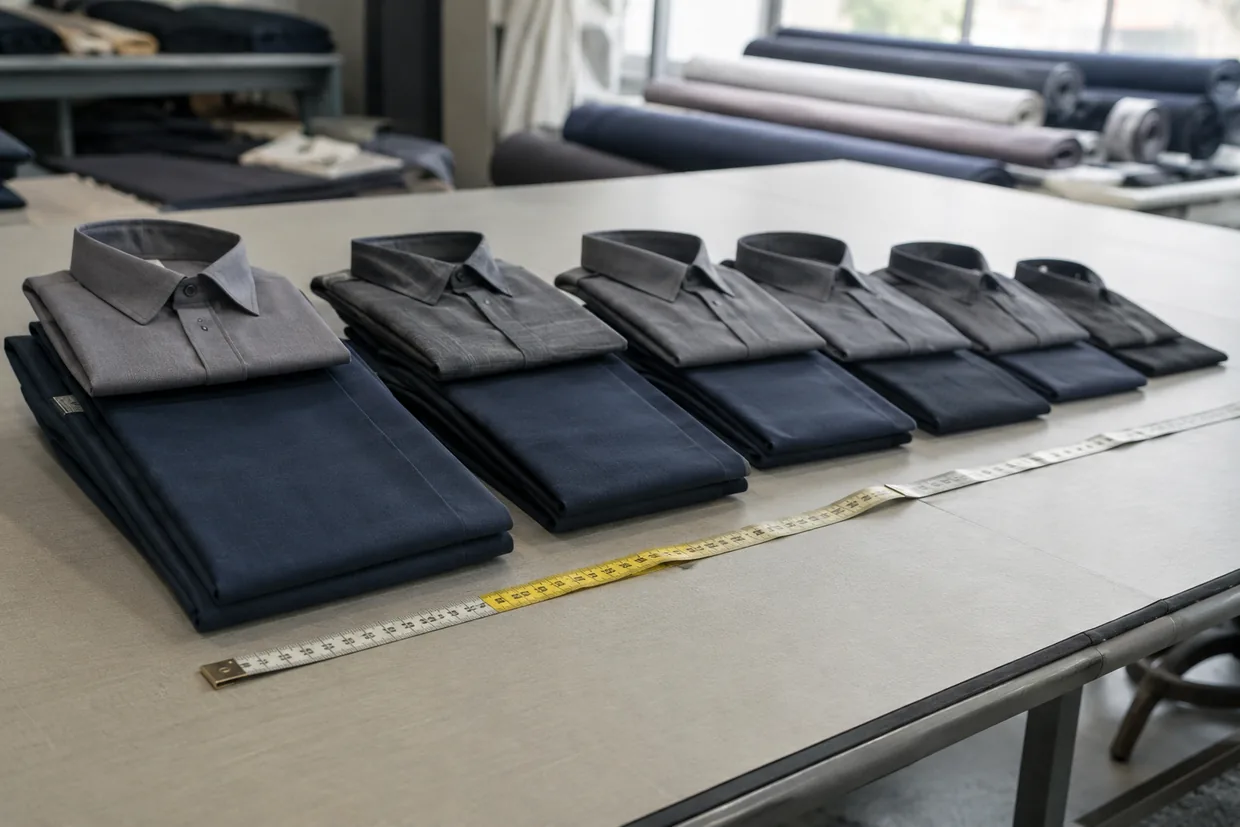 Folded uniform shirt and trouser fabric laid in graduated size rows with a measuring tape