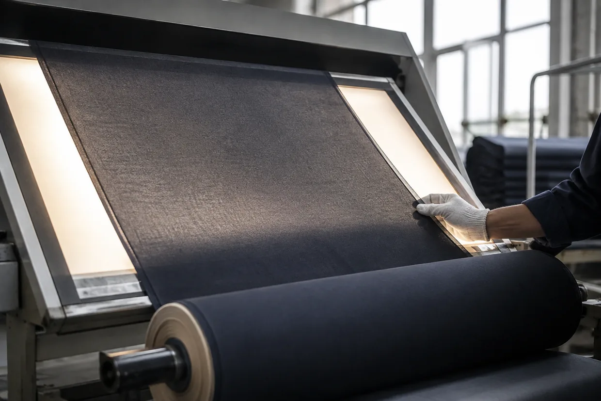 Fabric roll passing over a backlit inspection frame during delivery checking