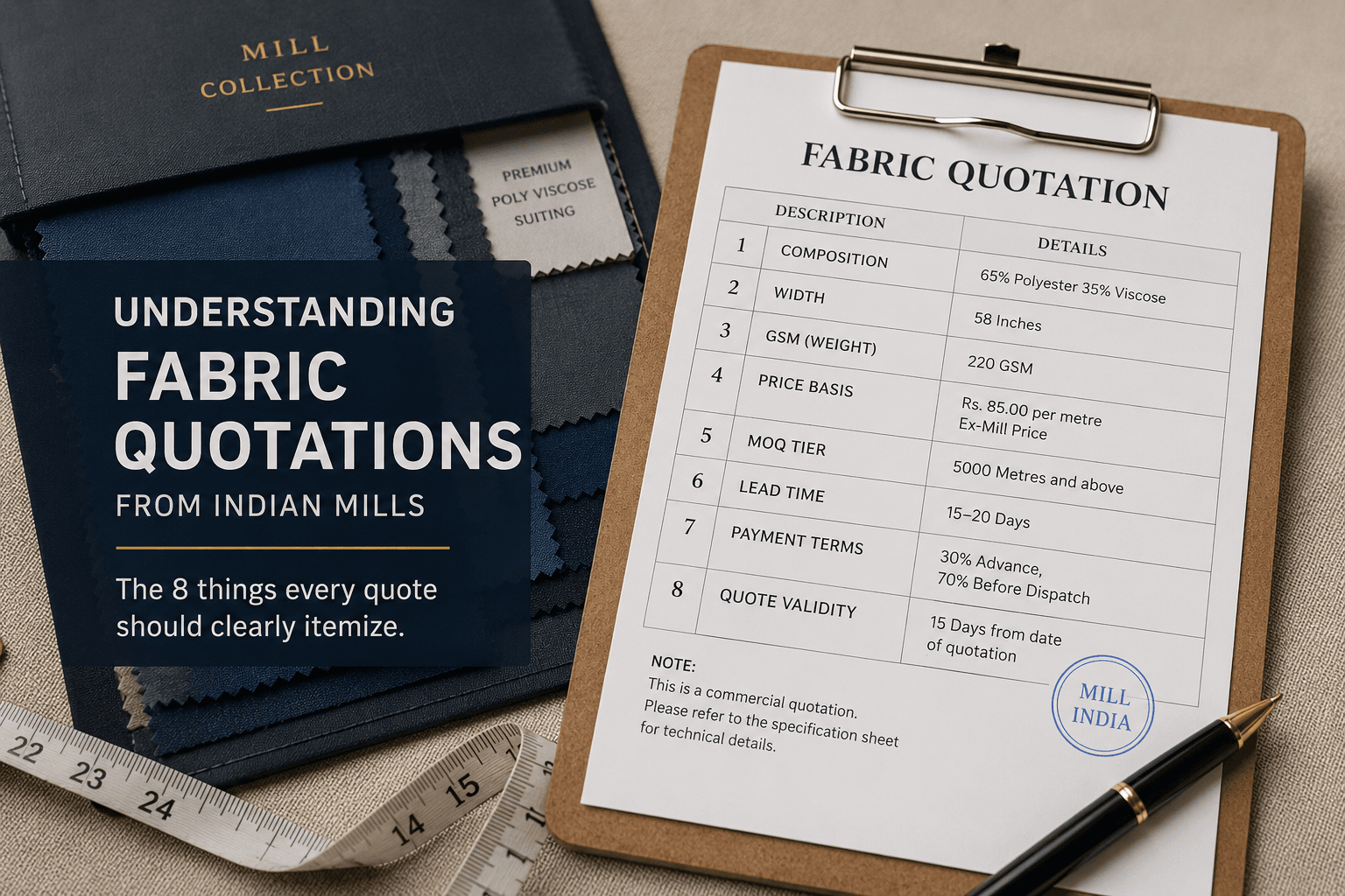 Example fabric quotation showing specification, quantity and validity
